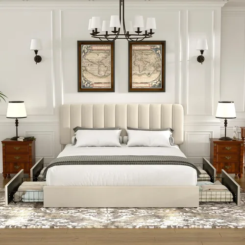 Miniatura 2 de VECELO Base de cama tapizada de tamaño matrimonial con 4 cajones y cabecero, plataforma de terciopelo, soporte de listones de madera, no necesita