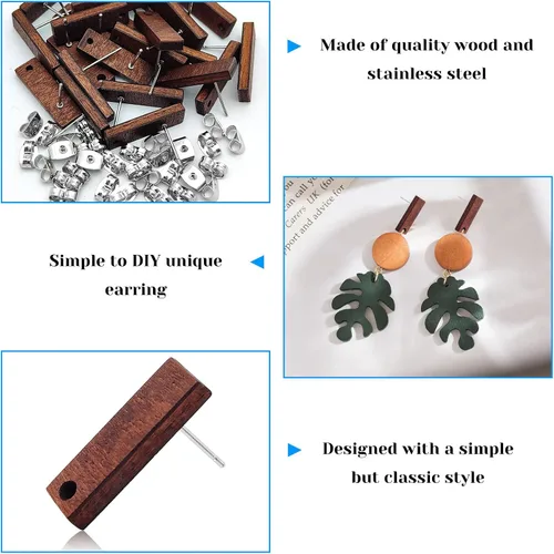 Miniatura 4 de Postes de madera para la fabricación de joyas, 80 piezas de aretes de madera, aretes de madera, aretes de madera, aretes a granel con parte trasera