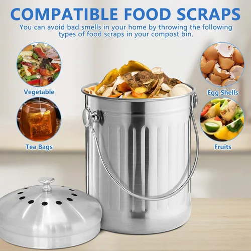 Miniatura 3 de ENLOY Cubo de abono para encimera de cocina, cubo de abono interior de acero inoxidable de 1.3 galones para encimera de cocina, cubo de compost