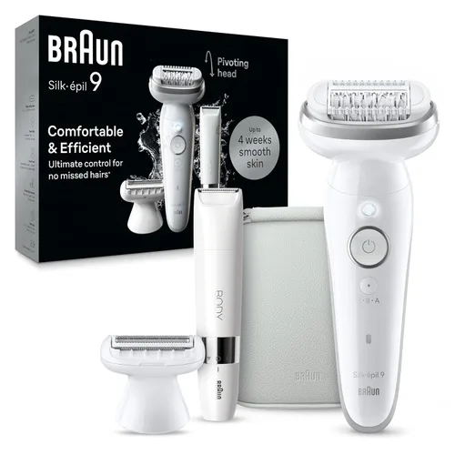 Braun Depiladora Silk-épil 9, cabezal pivotante, húmedo y seco, incluye recortadora corporal, cabezal de afeitadora y peine recortador, SES9-441