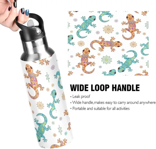 Miniatura 4 de Insulated Stainless Steel Water Bottle with Straw 20 Oz, BPA-Free Sports Water Bottle for Gym Outdoor Travel School, Funny Geckos Print