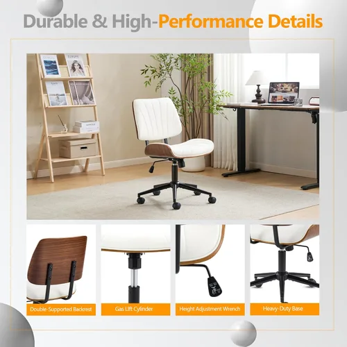 Miniatura 7 de VINGLI Silla de oficina en casa sin brazos y respaldo curvos anchos, silla de escritorio Ergoromic de altura ajustable, función giratoria e Blanco