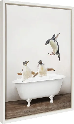 Kate and Laurel Sylvie Penguins Playing in Rustic Bath - Lienzo enmarcado para pared por Amy Peterson Art Studio, 18 x 24 pulgadas, blanco, moderno,