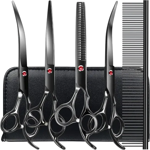 Miniatura 10 de Kit profesional de tijeras de aseo para perros, color negro, 5 en 1, tijeras para aseo de perros 6CR de acero inoxidable de alta calidad, kit