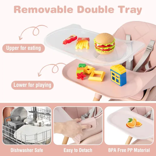 Miniatura 3 de BABY JOY Silla Alta para Bebé, Trona Convertible de Madera 6 en 1 para Bebés y Niños Pequeños con Patas Ajustables, Doble Bandeja Extraíble, Arnés