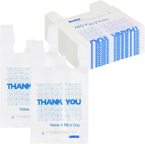 Miniatura 11 de ROYALNA 100 unidades, bolsas de plástico para compras de playera blancas (12" x 6.5" x 21"), reutilizables y desechables para restaurantes, tiendas