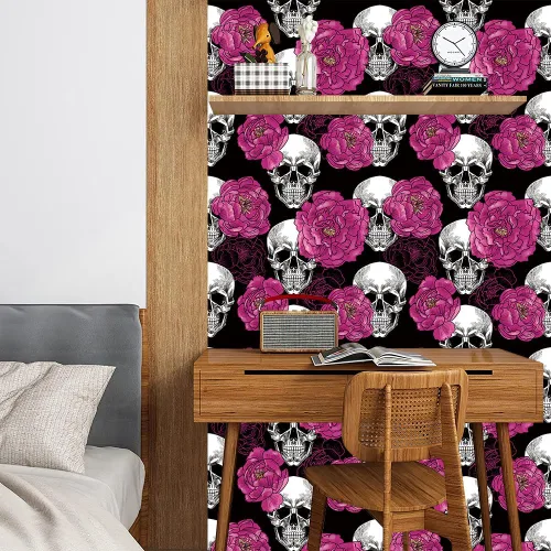 Miniatura 3 de Sugar Skull Penoy Papel Tapiz Floral de Despegar y Pegar para Dormitorio Negro/Blanco/Rojo Papel de Contacto Removible Decoraciones de Pared
