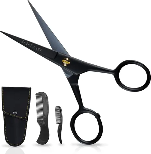 Ontaki Tijeras para bigote, 5 pulgadas, color negro, tijeras de precisión de borde biselado y corte de barba, kit completo con peine para bigote y