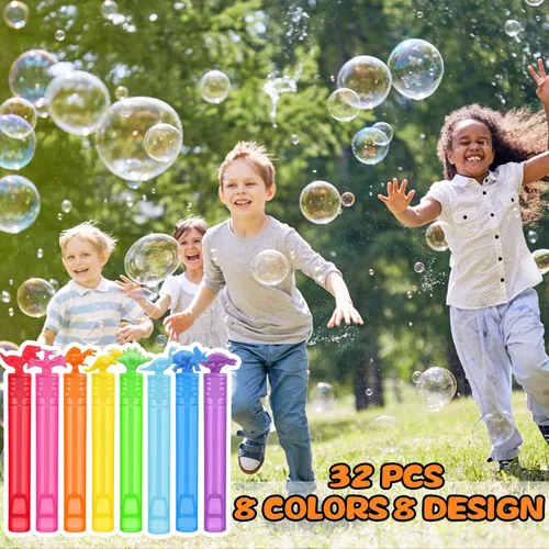 Miniatura 5 de Paquete de 32 burbujas para niños, recuerdos de fiesta, 8 estilos de mini varitas de burbujas con caja de regalo, juguetes de dinosaurio a granel