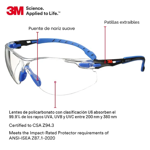 Miniatura 2 de 3M - Gafas de seguridad, serie Solus 1000, ANSI Z87, antivaho Scotchgard, lente transparente, perfil bajo, marco azul/negro