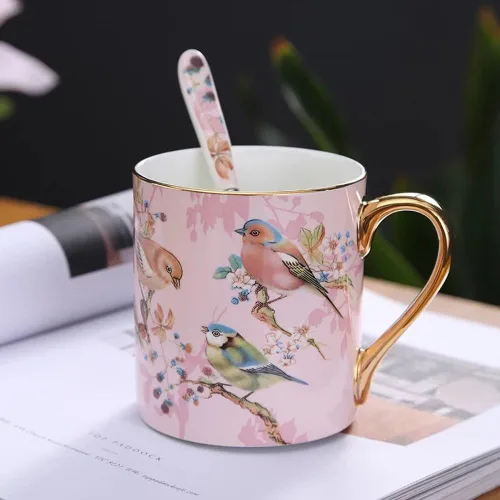 Miniatura 5 de Taza de café de porcelana de porcelana de hueso para la oficina de la cocina del hogar - Patrones de pájaros (azul)