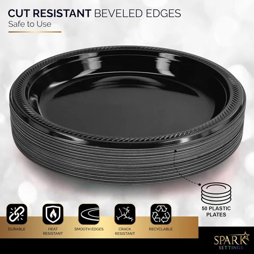 Miniatura 4 de Amcrate Platos desechables de plástico, negro, 10.4 pulgadas, fuertes y resistentes para fiestas, cenas, vacaciones, picnic, viajes, paquete de 50