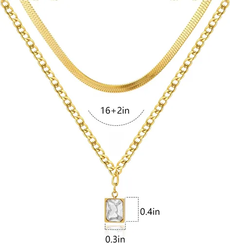 Miniatura 7 de Yonhi 2 collares de capas chapados en oro para mujer, gargantillas de cadena de serpiente, cadenas de espiga de eslabones planos con colgantes