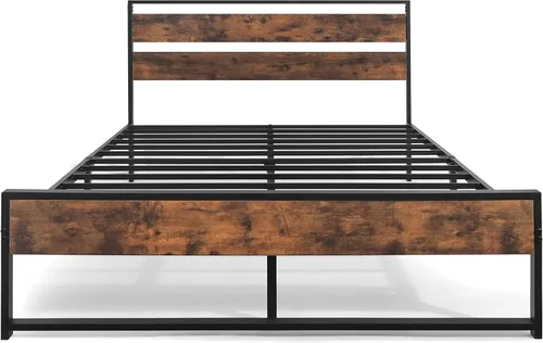 Miniatura 7 de Fencer Wire Base de cama de metal con cabecera y estribo de madera modernos, base de colchón, plataforma de metal con marco de acero, sin ruido,