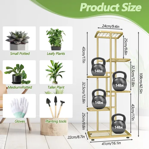 Miniatura 2 de Soporte para plantas de 6 niveles dorado para interiores y exteriores, estante de metal para esquinas actualizado para múltiples plantas