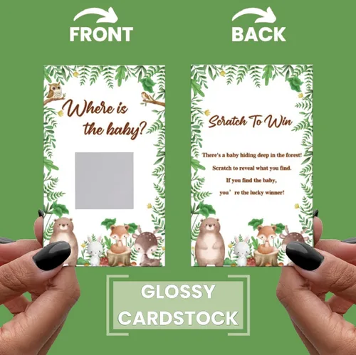 Miniatura 3 de Juego de rascar para baby shower, 50 tarjetas con el tema ¿Dónde está el bebé? Juegos YoungFun con adorables animales del bosque para revelaciones