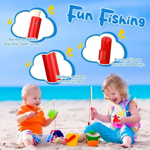 Miniatura 4 de Sumind 6 cañas de pescar magnéticas de madera para niños con ganchos magnéticos, juguete de verano, playa, piscina, actividad, regalos para jardín