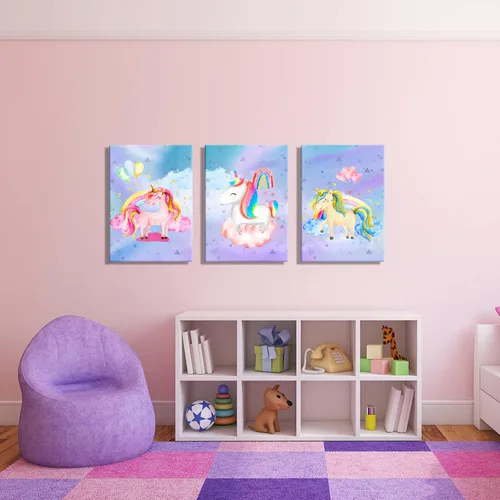 Miniatura 5 de YUANAND Arte de pared de unicornio para dormitorio de niña, cuadros de lienzo de arcoíris para decoración del hogar del cuarto del bebé, carteles