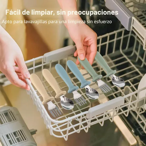 Miniatura 7 de Eascrozn - Juego de utencilios para niños pequeños, paquete de 6, cubiertos para niños con mango de silicona, tenedores y cucharas de acero