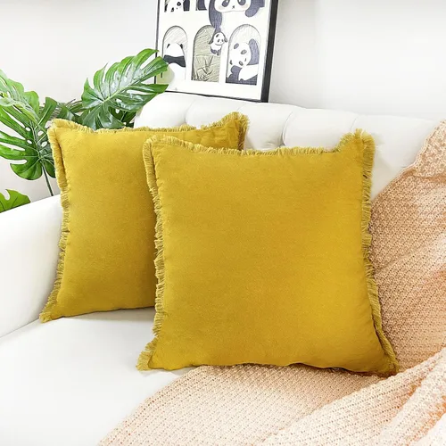 Miniatura 8 de Juego de 2 fundas de almohada decorativas marrones de 18 x 18 pulgadas, fundas de almohada modernas de granja con borlas de flecos, suaves