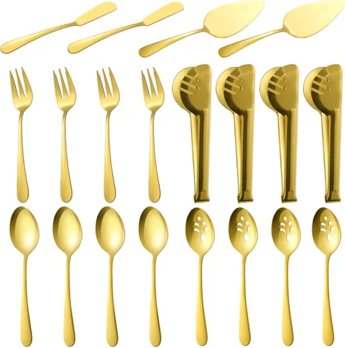 Miniatura 9 de BEWOS Utensilios para Servir, Juego de 20 Piezas Grandes, Cucharas para Servir, Cucharas Ranuradas, Pinzas y Tenedores para Servir, Servidor