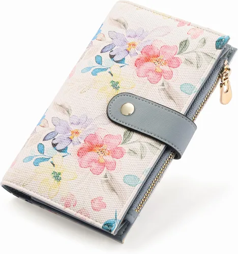 Miniatura 18 de yiijay Cartera para mujer con bloqueo RFID, de cuero vegano, triple pliegue, tarjetero para tarjetas de crédito, cartera de viaje con soporte
