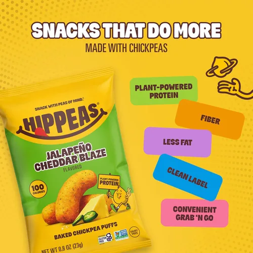 Miniatura 5 de Hippeas Puffs de garbanzos, Jalapeño Cheddar Blaze, 18 x 0.8 z, bocadillos de garbanzos crujientes horneados con 0.11 onzas de proteína vegetal