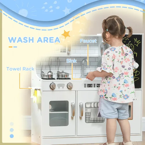 Miniatura 5 de Qaba Juego de Cocina de Juguete para Niños - Cocina de Simulación con Teléfono, Pizarra, Perchero de Toallas, Máquina de Hielo, 5 Accesorios