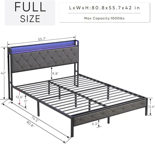 Miniatura 2 de Full Bed Frame Metal, Charging Station and Led Lights, Upholstered Platform Bed with Heavy Metal Slats, No Box Spring Needed, Noise Free, Easy
