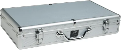 Miniatura 4 de American Mah Jongg Set by White Swan - 166 azulejos grabados blanco/azul - 4 bastidores todo en uno - Caja de aluminio - Plata