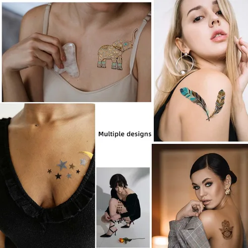 Miniatura 4 de 12 hojas de tatuajes temporales metálicos dorados destellantes para mujeres y niñas, impermeables, dorados y plateados, calcomanías de tatuaje