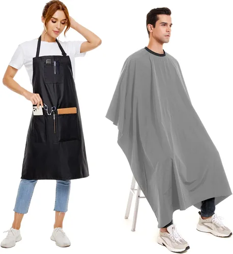 izzycka Hari - Capa de corte – Delantal de estilista Hari – (1 delantal de salón + 1 capa de peluquería), se adapta a salón y uso doméstico