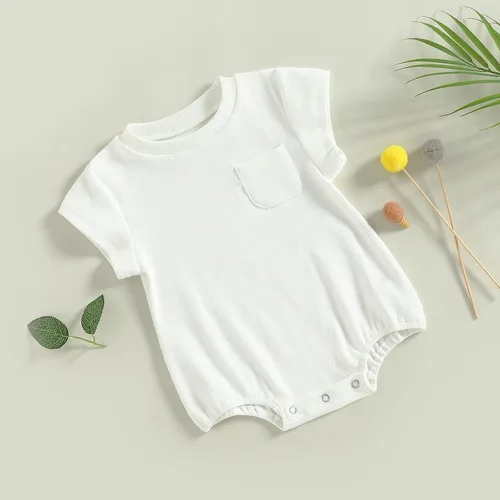 Miniatura 9 de KMBANGI Mameluco de manga corta con cuello redondo de punto acanalado de color sólido para bebé, niña y niño, traje de verano de una pieza