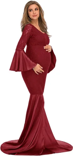 Miniatura 5 de ZIUMUDY Vestido ajustado de encaje de maternidad de manga larga maxi sirena fotografía vestido baby shower sesión de fotos