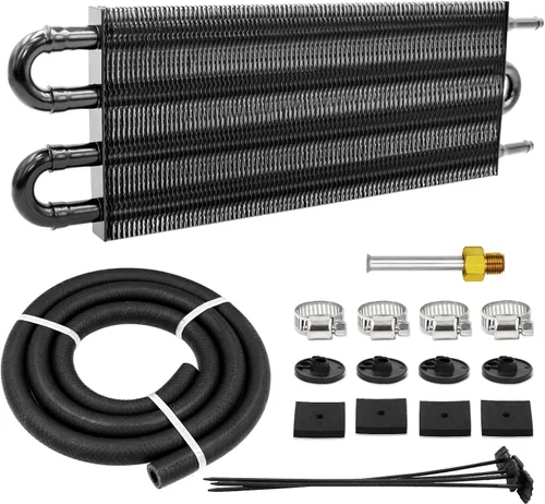 Kit enfriador de transmisión de tubos y aletas Ultra-Cool de 4 pasos universal 402 de aluminio negro con kit de enfriador de aceite de 5/16"