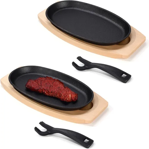 Miniatura 11 de Mifoci Juego de 12 sartenes ovaladas de hierro fundido para fajita, plato pequeño para carne chisporroteante con base de madera y mango, sartén
