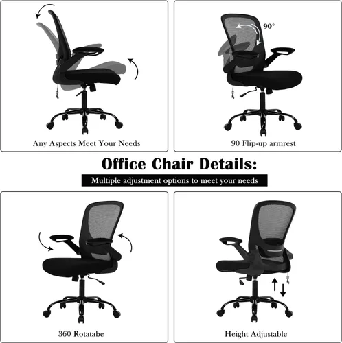 Miniatura 6 de Silla de oficina en casa, silla de escritorio ergonómica, silla de computadora de malla con brazos abatibles, altura ajustable, respaldo medio