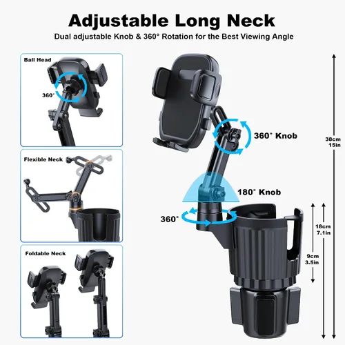 Miniatura 3 de Soporte para teléfono de portavasos, 2 en 1, expansor universal de portavasos con brazo largo, rotación de 360°, soporte para teléfono de portavasos