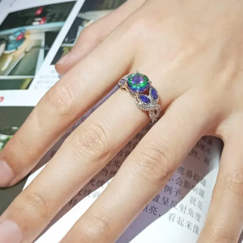Miniatura 4 de Awmnjtmgpw - Anillo de compromiso de plata de ley 925 con topacio arcoíris para mujer, anillo de diamantes de corte princesa, anillo de diamantes