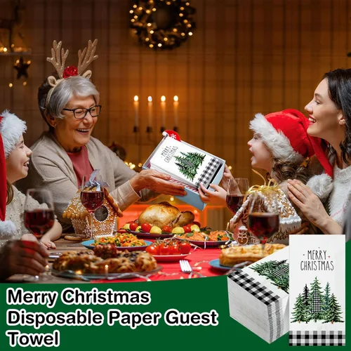 Miniatura 6 de 100 Piezas Servilletas de Navidad a Granel Navideñas Toallas de Mano de Papel Desechables para Invitados Servilletas de Cóctel con Árbol de Navidad