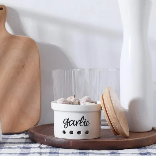 Miniatura 3 de Garlic Keeper con tapa, recipiente de cerámica para encimera, decoración de cocina de granja