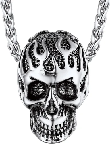 ChainsHouse Collar de calavera para hombre, joyería punk gótica retro, collar de motociclista para hombres y mujeres, grabado gratuito, placa de