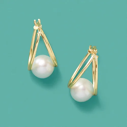 Miniatura 8 de Ross-Simons 8-9mm Cultured Pearl Double-Hoop Earrings in 14kt Yellow Gold. 34