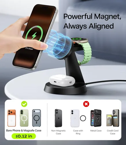 Miniatura 7 de Estación de carga 3 en 1 para dispositivos Apple, cargador inalámbrico rápido de 15 W compatible con soporte de carga MagSafe para iPhone 17 16 15