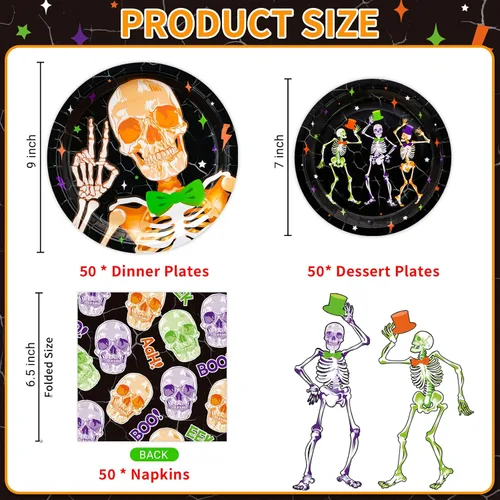 Miniatura 2 de DYLIVeS Suministros de fiesta de Halloween de esqueleto, platos de papel de calavera, platos de postre y servilletas de almuerzo para decoración