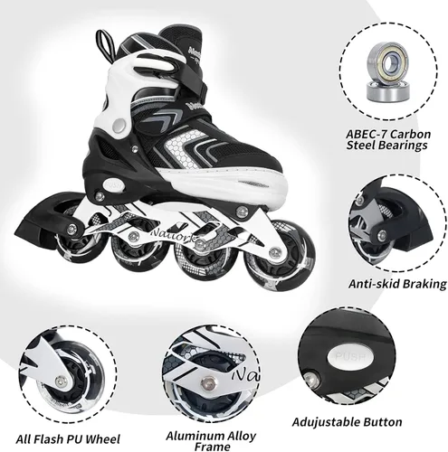Miniatura 5 de Patines en línea NATTORK para niños, niñas y niños con ruedas completamente iluminadas, patines ajustables seguros y duraderos, patines para Negro