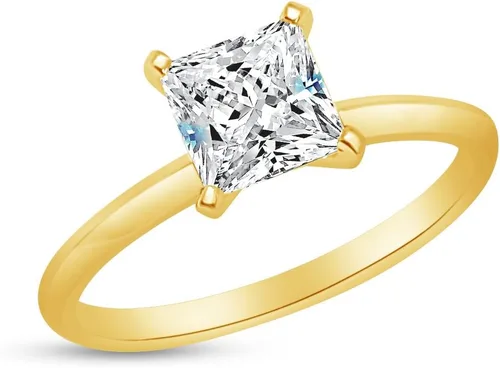 Miniatura 4 de Anillo de compromiso solitario de cuatro puntas de oro amarillo sólido de 14 k con borde de cuchillo y circonita cúbica de 1.0 quilates.
