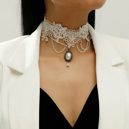 Miniatura 3 de YienDoo Gargantilla de encaje vintage con patrón de encaje gótico blanco, collar punk con borla y cuentas de perlas, gargantilla de princesa