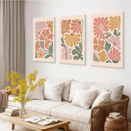 Miniatura 5 de TBKHUDBI Lienzo de flores bohemias para pared, impresiones florales abstractas, juego de 3 pósteres minimalistas de pintura botánica, mercado