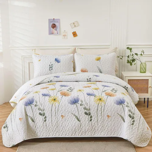 Miniatura 9 de Dinjoy Juego de colcha floral tamaño Queen, colcha azul agua tamaño Queen de 3 piezas, juego de ropa de cama ligera de estilo granja, colcha